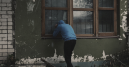 Person in a blue hoodie peering into a window, suggesting potential burglary