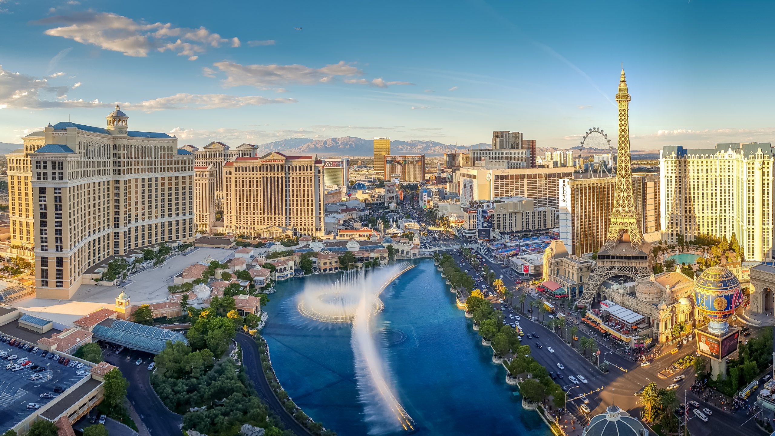 Panoramic view of the Las Vegas Strip with iconic landmarks and hotels